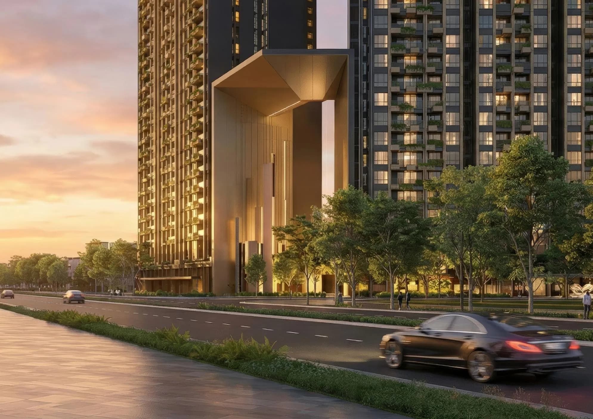 Cổng biểu tượng vàng đồng giữa hai tòa tháp