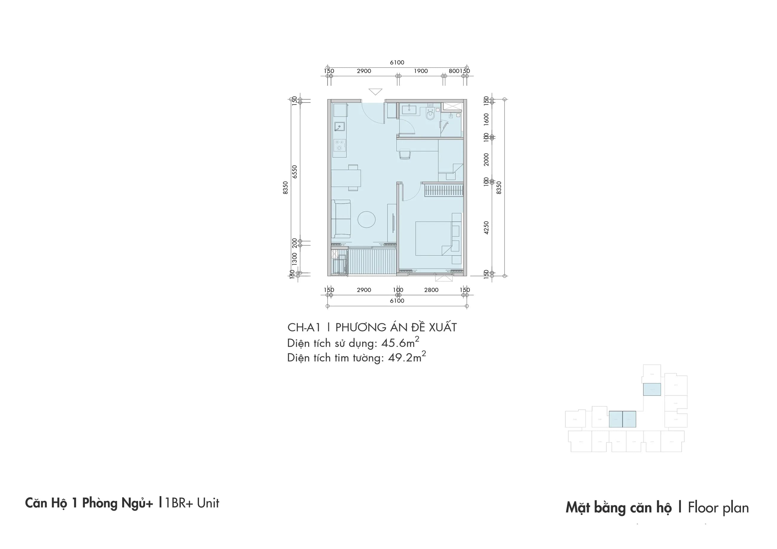 Mặt bằng Căn hộ 1 phòng ngủ+ (CH-A1) — diện tích sử dụng 45,6 m²