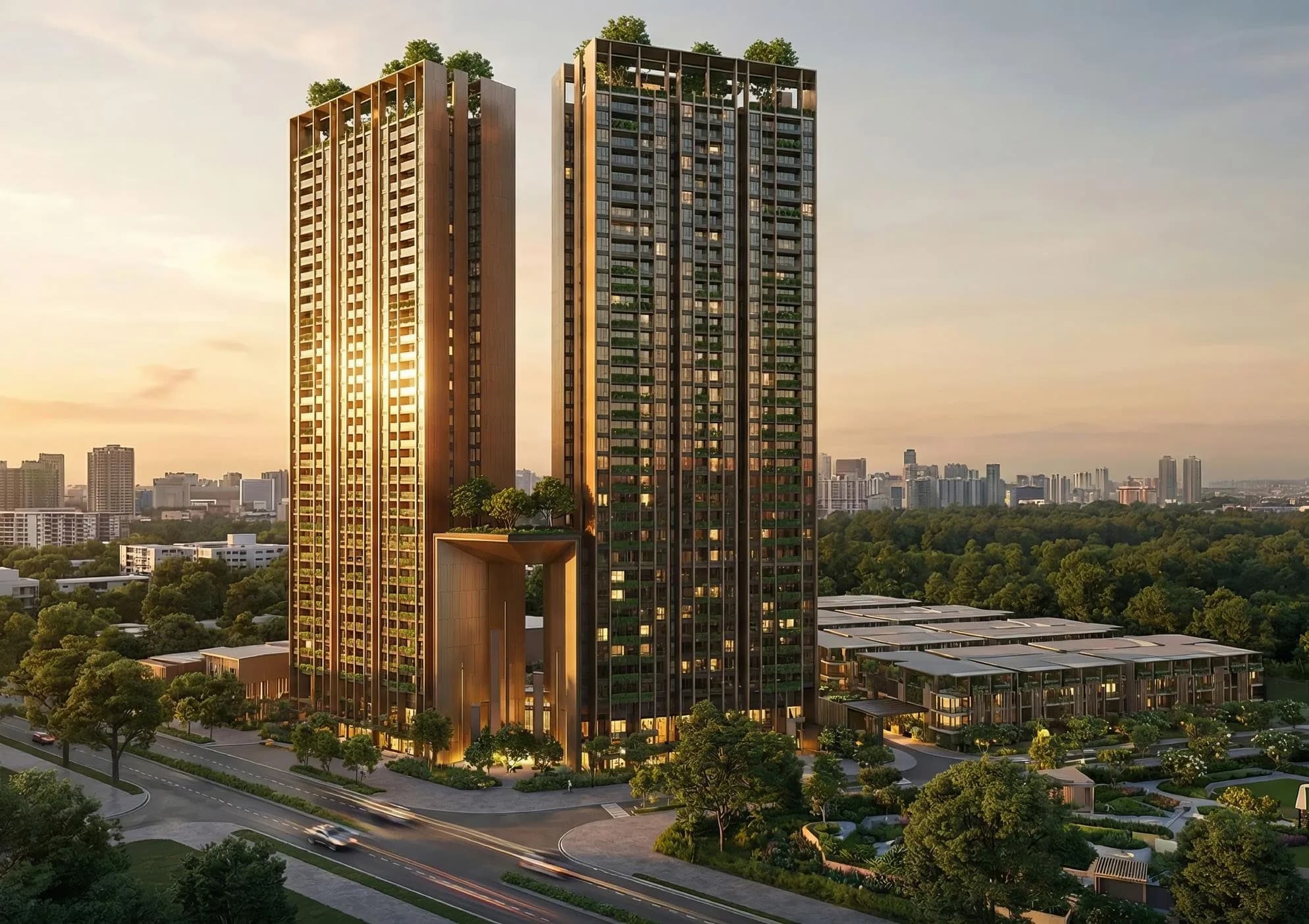 Phối cảnh hai tòa tháp căn hộ và cổng biểu tượng Era City lúc hoàng hôn