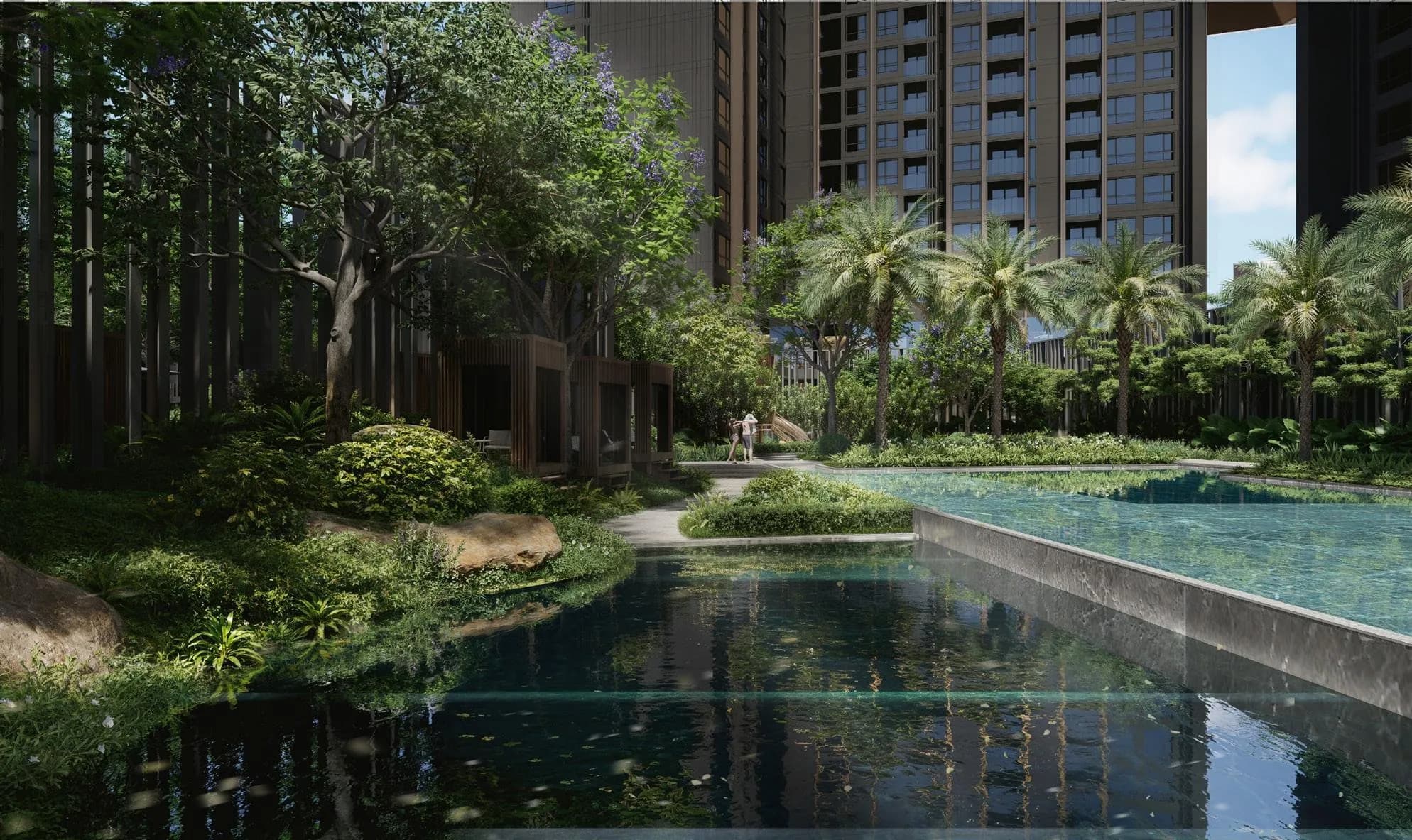 Hồ cảnh và vườn xanh trung tâm giữa hai tòa tháp căn hộ Era City