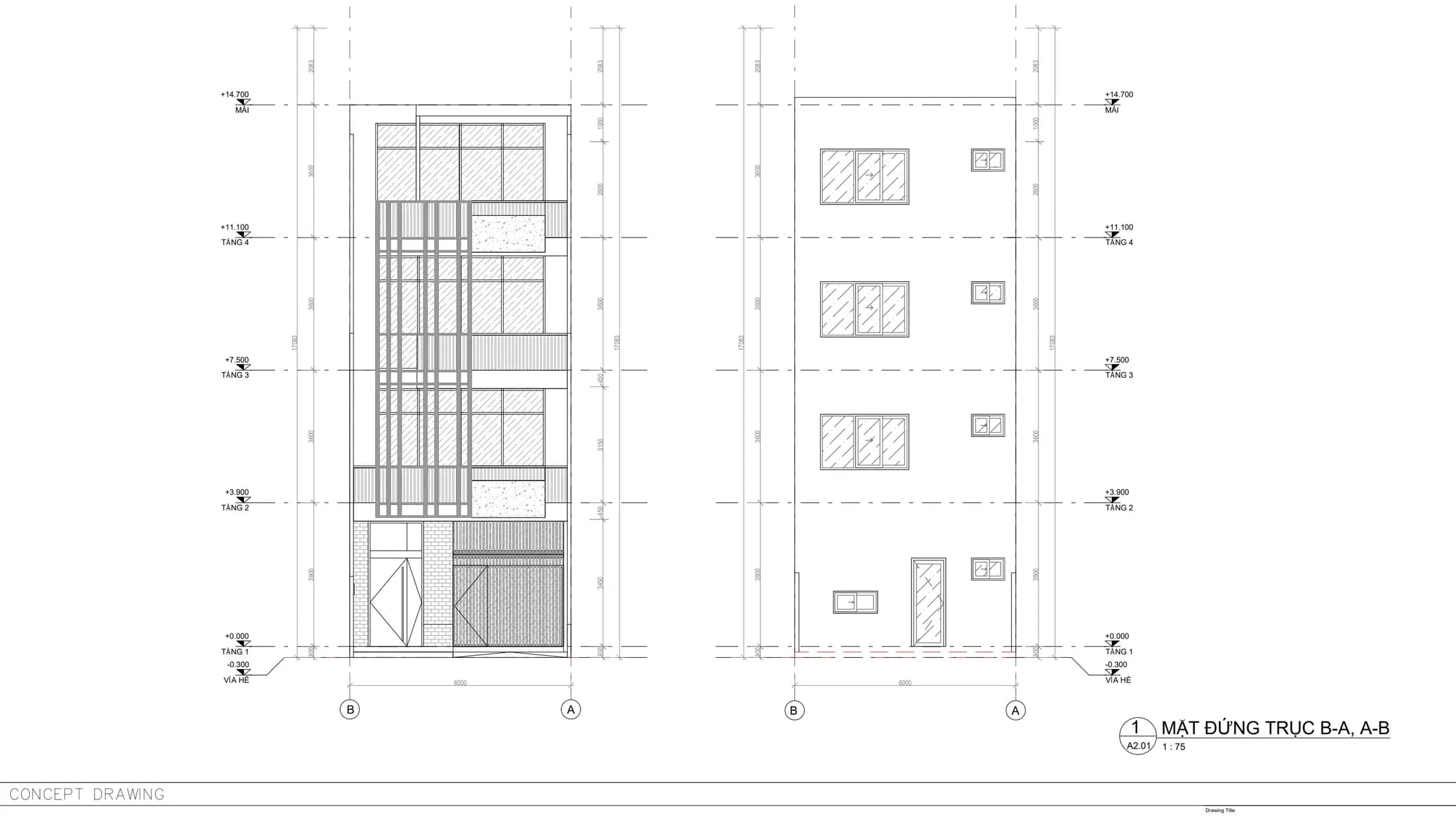 Bản vẽ mặt đứng mẫu nhà phố 6×18m, 1 trệt 3 lầu tại dự án Era City